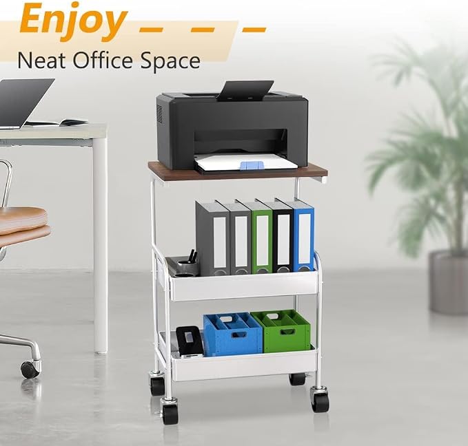 Rolling Cart with Wooden Tabletop, 3 Tier Metal Utility Cart, Rolling Storage Organizer Cart with Lockable Wheels for Kitchen, Office, Bedroom (White)