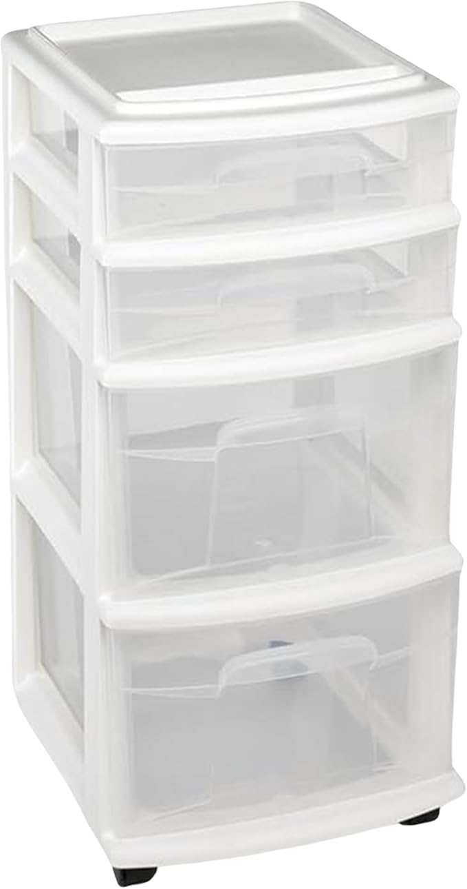 HOMZ Drawer Tower, 4-Tier Storage Cart with Removable Wheels, White Frame | Clear Plastic Rolling Drawers for Desk, Dresser, Cabinet, Bedroom, Bathroom, Classroom & Office