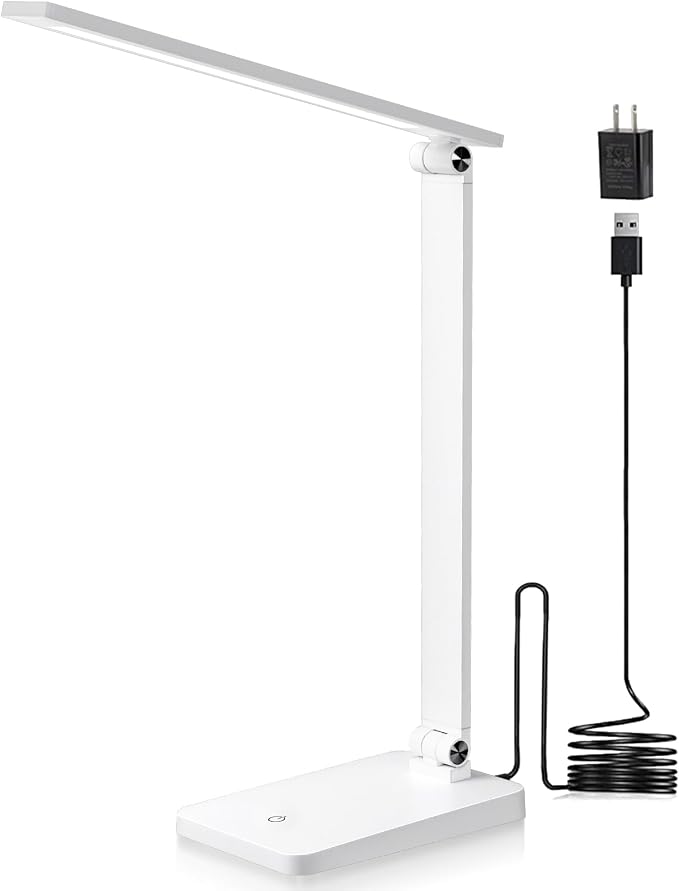 LED Desk Lamp for Home Office, 3 Levels Dimmable Desk Light with USB Charging Port, Reading Lamp for Table Study Work Office Nail Craft Puzzle, White, 5000K