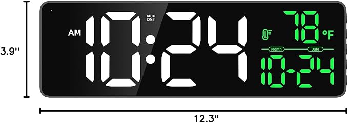 Large LED Digital Wall Clock with Date, Temperature, Auto-Brightness, Auto-DST | Big Digital Clock for Bedroom, Desk, Classroom, Living Room, Kitchen, Office, Gym, Farmhouse, Xmas Gift for Seniors