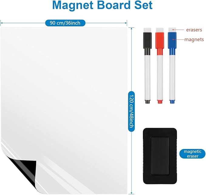 Magnetic Fridge White Board Paper, 36" x 48" Large Dry Erase Board Sheet for Organizer and Planner, Kitchen Refrigerator Whiteboard for Family to-do List, Includes Markers and Eraser