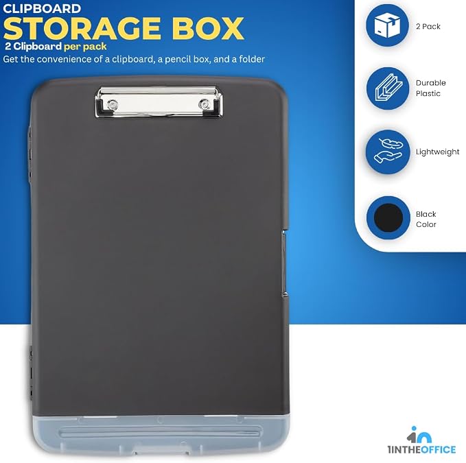 1InTheOffice Clipboard with Storage Box, Plastic Storage Clipboard, Black 2 Pack