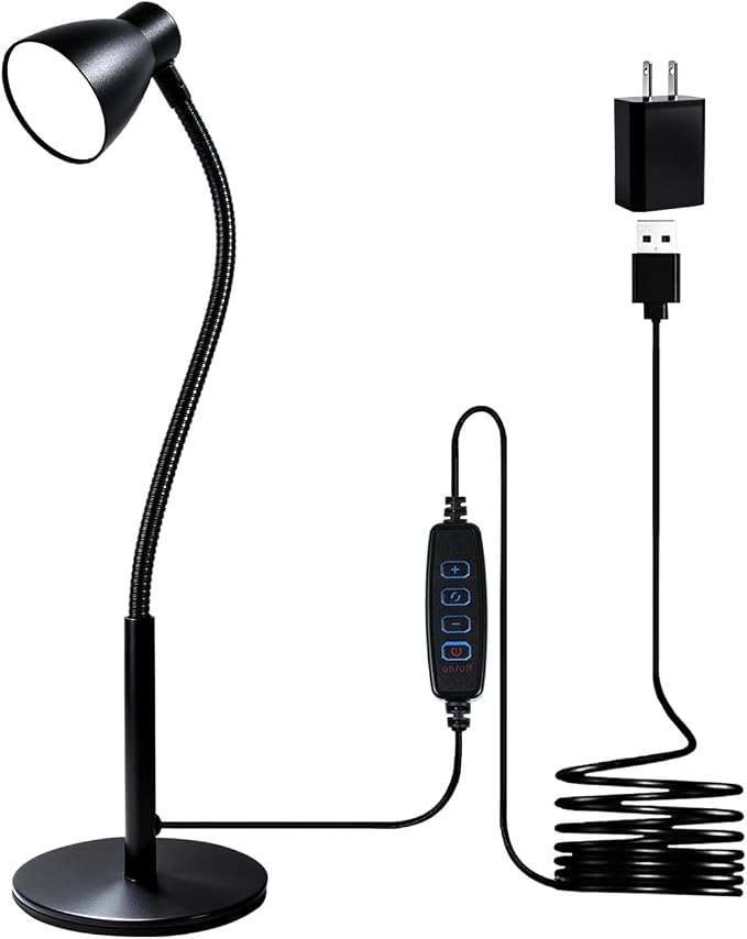 Small Dimmable Gooseneck LED Desk Lamp for Home Office, CRI 90+ Eye-Caring Reading Light, Adjustable Brightness, Perfect for Study Desk (Adapter Included)