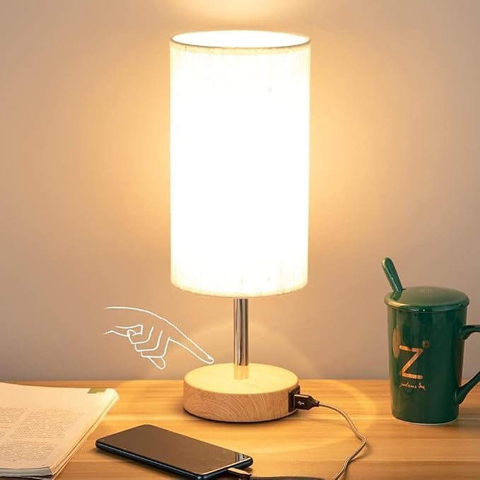 Yarra-Decor Bedside Table Lamp with USB Ports - Touch Control for Bedroom 3 Way Dimmable Nightstand Lamp with Round Fabric Shade for Living Room, Dorm, Home Office, Corded Electric, Without Battery