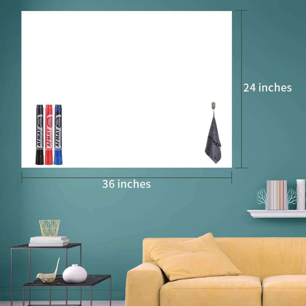 AFMAT Whiteboard Sticker, 36" x 24" Dry Erase Wallpaper, Stain-Proof & Super Sticky, No Ghost After 60 Days, Peel and Stick White Board Adhesive Paper Roll for Home/Office/Classroom, 3 Markers
