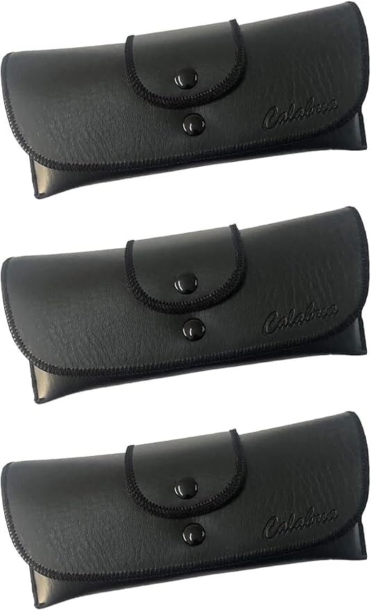 Calabria Double Snap Belt Loop Eyeglass Case PU Leather Black 3Pack Old School Eye Glasses Pouch Semi-Hard Sunglass Holder