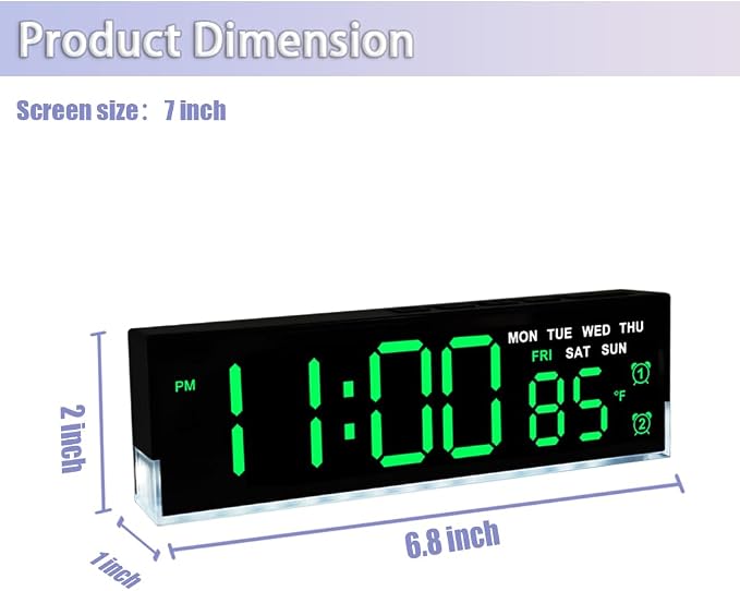 JENLYSTIME 7 Inch LED Digital Alarm Clock with Dual Alarms & Bottom Glow｜Displays Time, Date, Day, Temperature ｜3-Level Auto/Manual Brightness, DST, USB or Battery Powered Modern Desk Clock (Green)