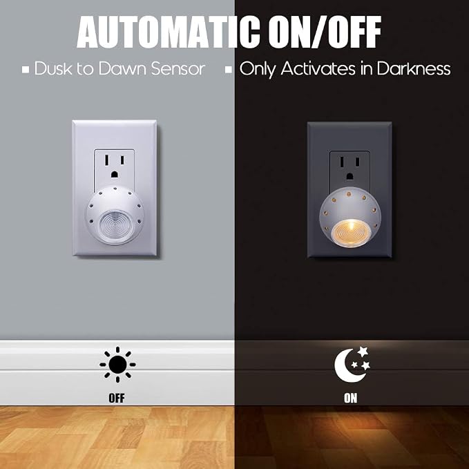 Emotionlite Plug-in Night Lights, Warm White LED Nightlight, 360° Rotation, Dusk to Dawn Sensor, Kids, Adult, Bedroom, Hallway, Bathroom,Kitchen, Stairways, Corridor, 4 Pack