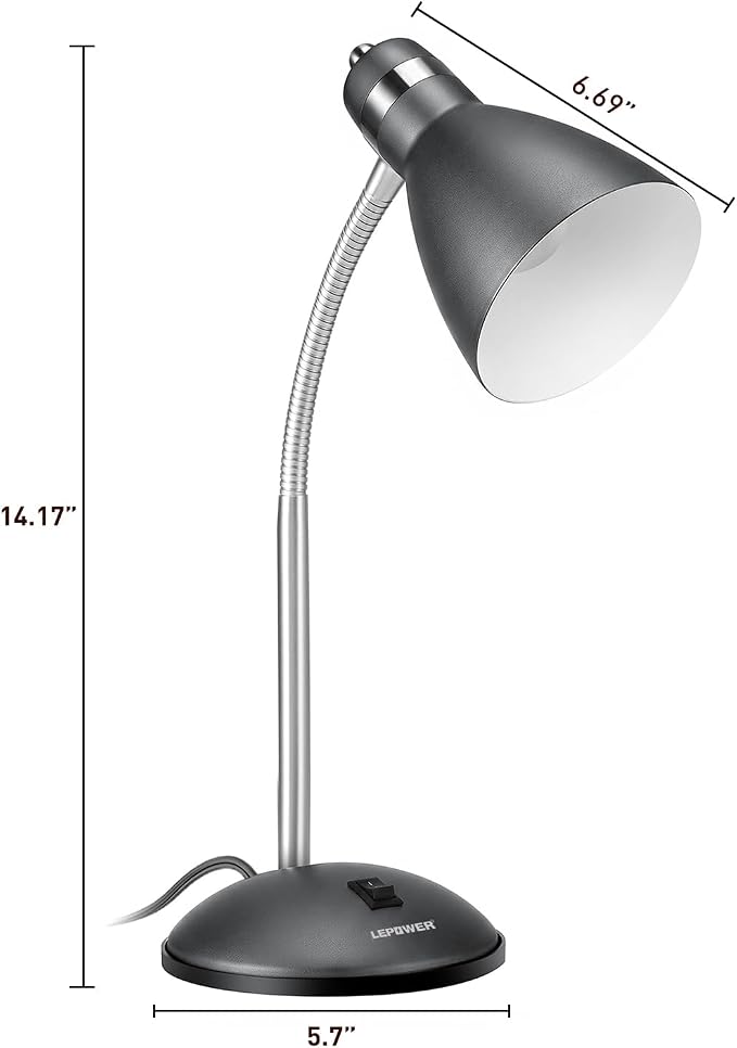 LEPOWER Metal Desk Lamp, Adjustable GooseNeck Reading Light for Bedroom | Compact & Sturdy, Space-Saving for Bedside & Dorm, E26 Table Lamp, Eye-Caring, Ideal for Study, Office, Back to School
