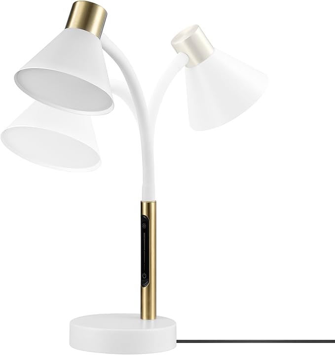 Globe Electric 15" LED Integrated Matte White Desk Lamp with Matte Brass Accent and Adjustable Silicone Gooseneck
