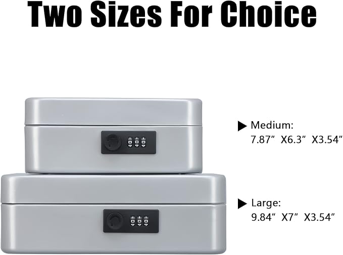 KYODOLED Large Cash Box with Combination Lock,Safe Metal Box for Money, Storage Lock Box with Money Tray,9.84"x 7"x 3.54" Lightgrey Large