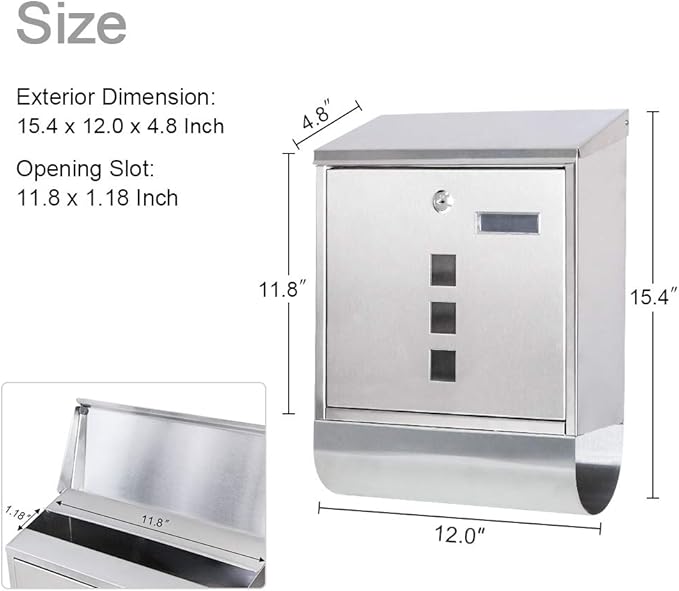 Jssmst Locking Wall Mount Mailbox, Stainless Steel Mailboxes with Secure Key Lock and Newspaper Compartment, HPB2203 Silver