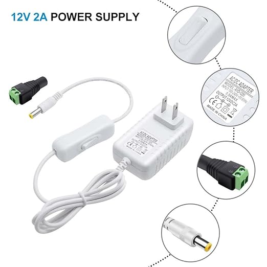 12V Power Supply, 12 Volt 2A 24W DC Power Supply with On Off Switch, White Switching LED Power Adapter, AC 110V to 12V Wall Wart Transformer Plug for LED Strip Lights with 5.5/2.1 DC Female Connector