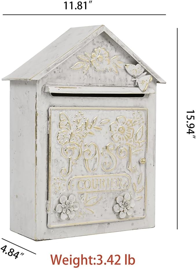 Vintage White Wall Mount Mailbox for Outside, Metal Post Box Decorative Antique Style Mail Drop Box for House Decor(White)