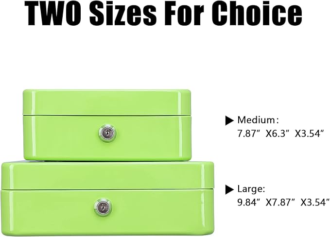 KYODOLED Medium Cash Box with Money Tray,Small Safe Lock Box with Key,Cash Drawer,7.87"x 6.30"x 3.54" Limegreen Medium