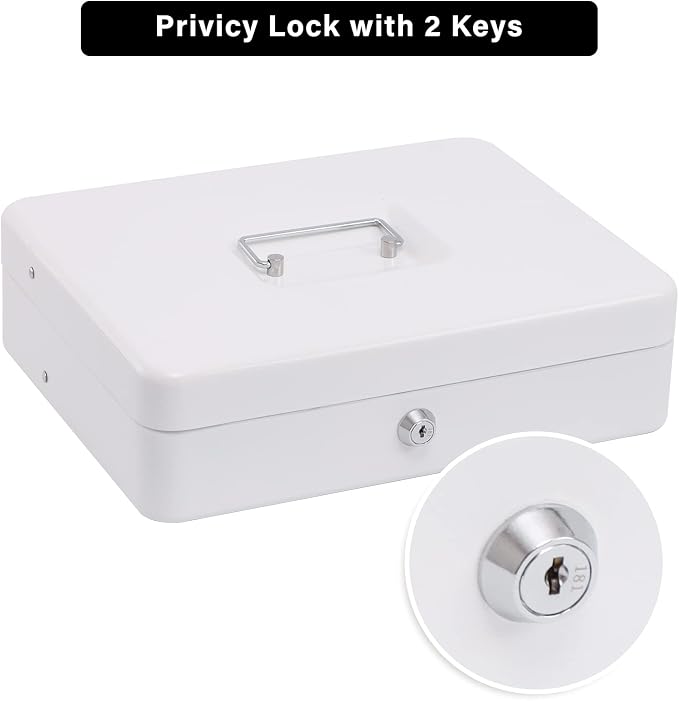 xydled Metal Cash Box, Cash Box with Money Tray and Key Lock, Storage Box, White,4 Bill / 5 Coin Slots,11.8" x 9.5" x 3.5",White