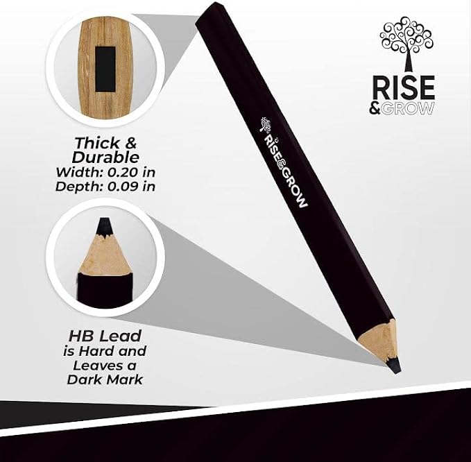 Rise & Grow 50 Set, Black Carpenters Pencils Bulk 7” – HB Lead Flat Construction Pencils for Men and Women - Woodworking Pencil for Marking Wood, Concrete and Plastic (Black)