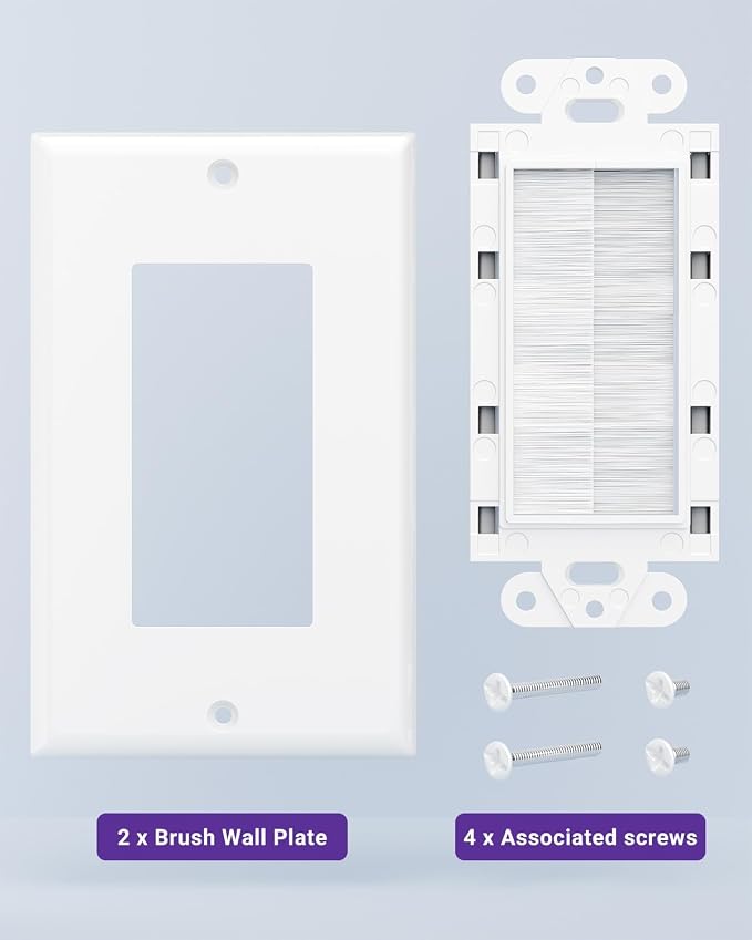 VCE Brush Wall Plate Cable Pass Through, Single Gang Decorator Wall Cover for Low Voltage Cables, In-Wall Cable Management for Wall Mount TV (White), 5-Pack