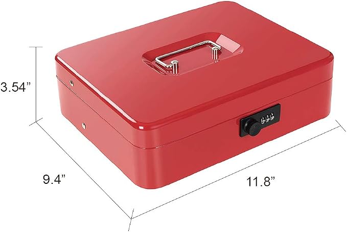 Cash Box with Money Tray and Combination Lock Metal Money Box for Cash Tiered Lock Box for Money 11.8" x 9.4" x 3.54" Red