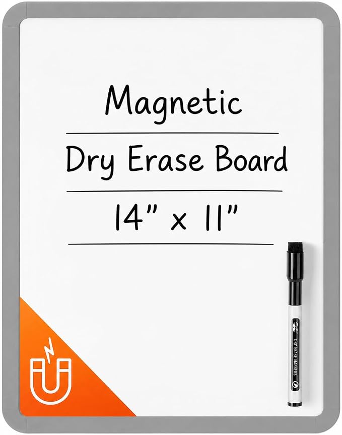 Mr. Pen- Dry Erase Board, 14” x 11” with a Black Dry Erase Marker | Gray Frame, Small Mini White Board for Students, Fridge, Wall, Locker, Includes Double Sided Tapes