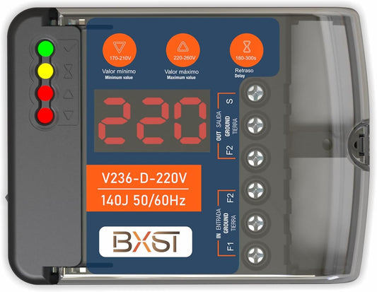 BXST Heavy Duty Wiring Surge Protector with LED Display Adjustable Voltage & Delay Protection, 220V, 30A, 6600W Max, 140J Surge Protection for Refrigerators, Air Conditioning, Motors, Pumps