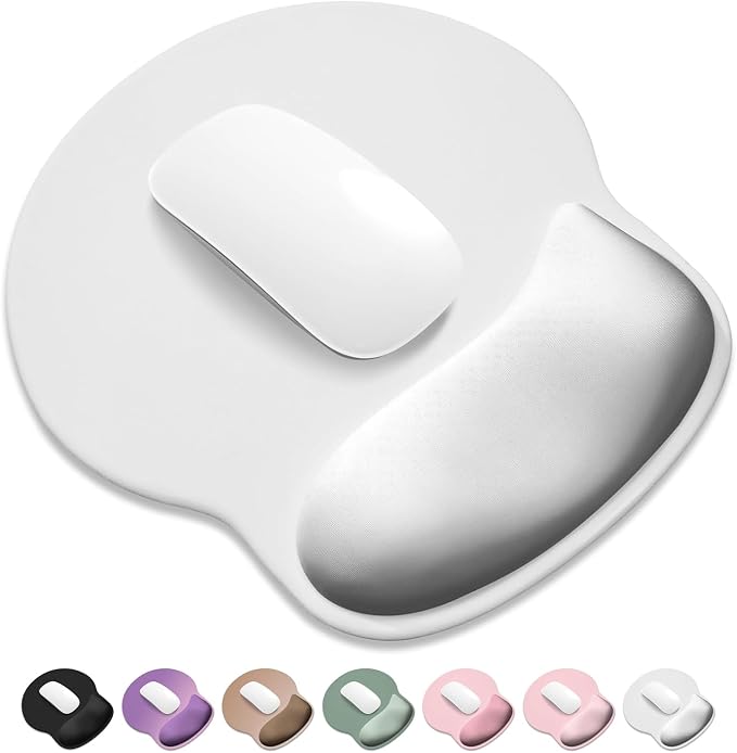 ITNRSIIET Ergonomic Mouse Pad with Wider Memory Foam Wrist Rest +17% - Curved Cushion Reduces Pressure 20%, Pain Relief, Non-Slip, Smooth, Cute Colors, 9.85 x 9 in, White