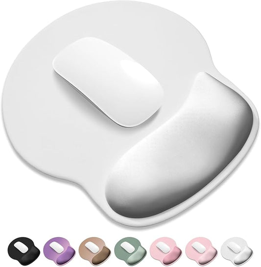 ITNRSIIET Ergonomic Mouse Pad with Wider Memory Foam Wrist Rest +17% - Curved Cushion Reduces Pressure 20%, Pain Relief, Non-Slip, Smooth, Cute Colors, 9.85 x 9 in, White