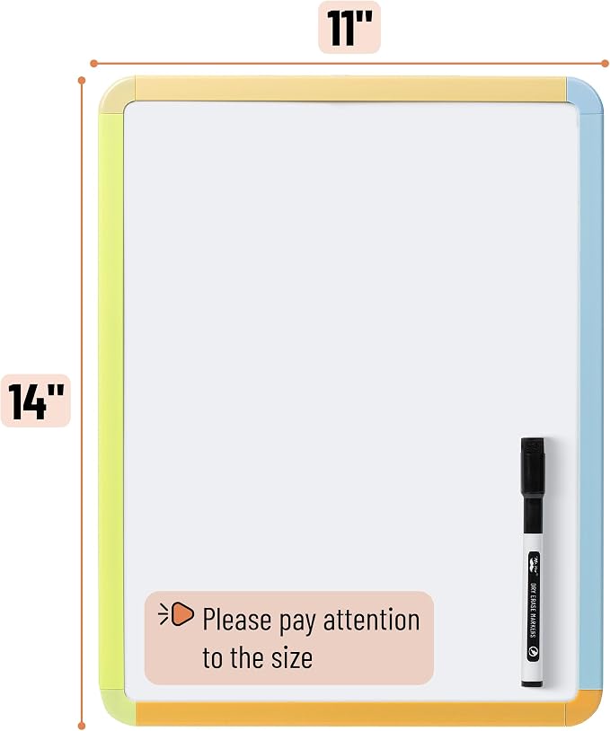 Mr. Pen- Dry Erase Board, 14” x 11” with a Black Dry Erase Marker | Citrus Frame, Small Mini White Board for Students, Fridge, Wall, Locker, Includes Double Sided Tapes