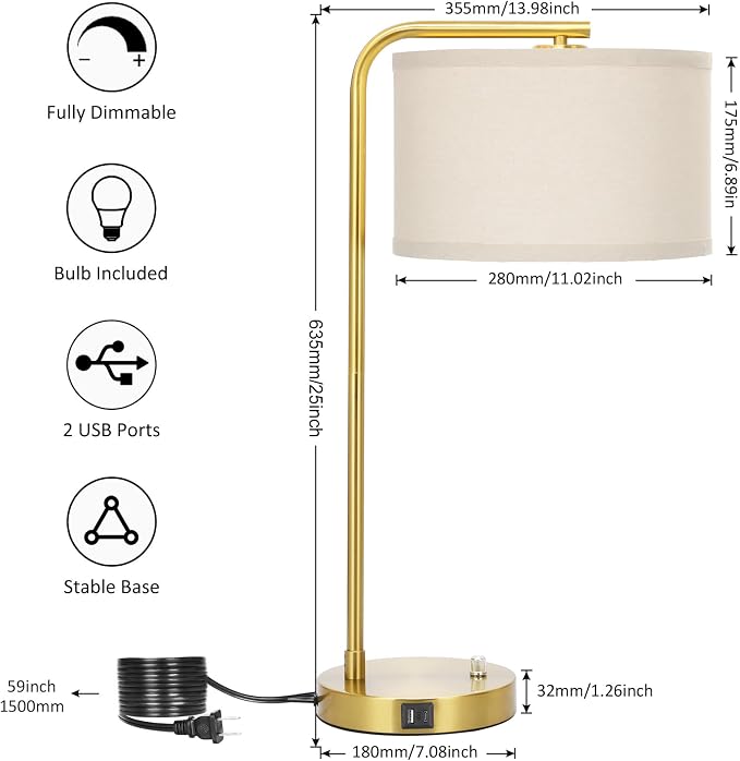 Mordern Gold Table Lamp, Fully Dimmable Bedside Lamp with C+A USB Ports | 25" Tall Nightstand Lamp, Desk Lamp with Beige Drum Shade, Side Table Lamp for Living Room Bedroom Office, LED Bulb Included