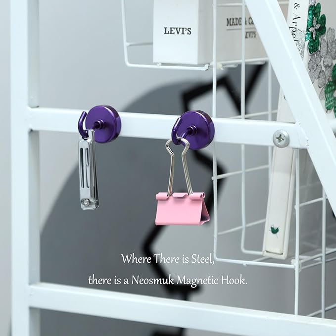 Neosmuk Magnetic Hooks, Heavy Duty 85lb+ Strong Magnet Hook for Cruise Cabins, Cruise Essentials 2026 for Hanging, Metal Wall Refrigerator Hangers (Purple, 10 Pack)