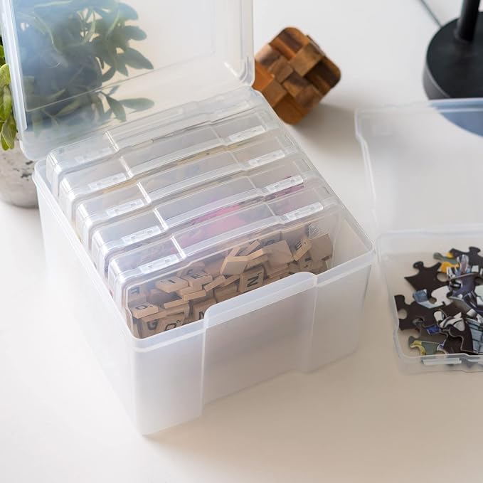 IRIS USA 5" x 7" |Made in USA| Photo Organizers and Picture Storage Box with Handle, 6 Inner Cases/Containers for Tasks, Stickers, Ephemera, & Flashcards - Clear