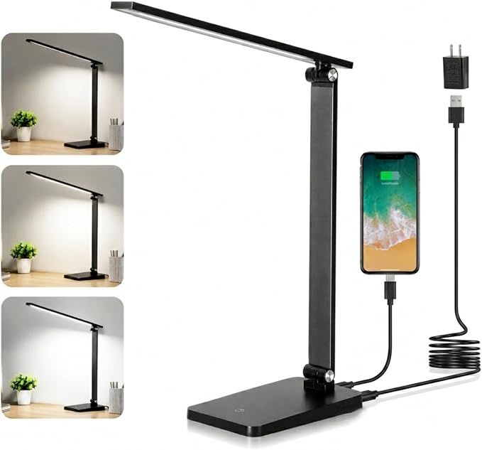 LED Desk Lamp for Home Office, 3 Levels Dimmable Desk Light with USB Charging Port, Small Study Lamp, Reading Light for Table, Black, 5000K