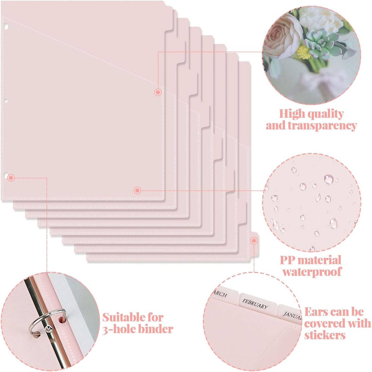 8 Tab Dividers for 3 Ring Binder with Pockets, Plastic Dividers with Clear Front Pocket, 8-tab Index Dividers with 3 Holes Punched for School & Office Supplies (Pink, 8 Tabs, 3 Sets)