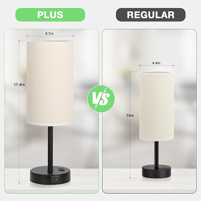 Dicoool 17.4" Bedside Lamp for Bedroom - Dimmable Touch, USB A+C, AC Outlet | LED Bulb Included, 3-Way Dimmable, 17.4" Table Lamp for Living Room, Dorm, Beige Fabric Lampshade, Black Metal Base
