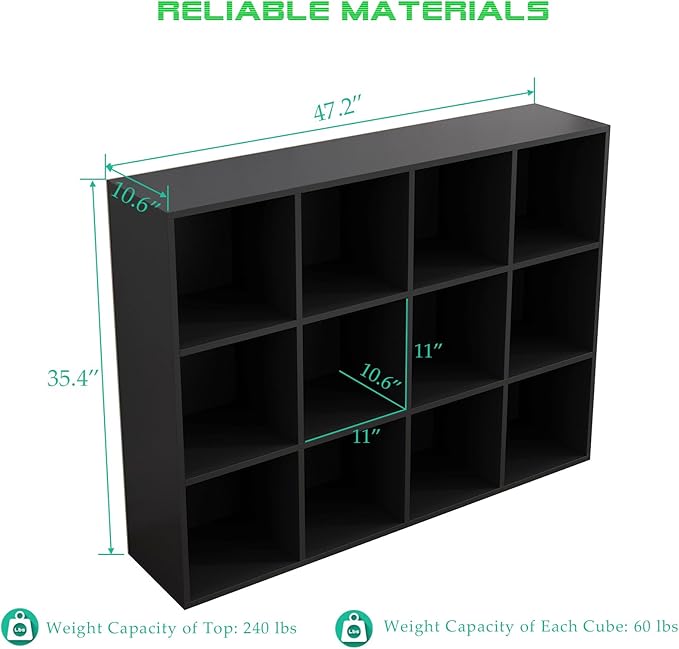 OSCHF 12-Cube Storage Shelf Bookcase - Wooden 3-Tier Floor Standing Open Bookshelf for Home and Office, Display Cabinet, Black
