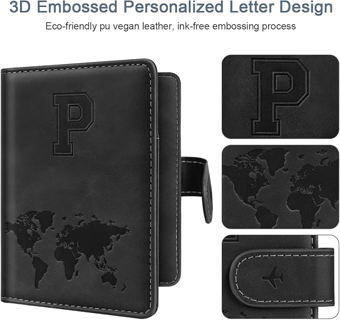 Passport Holder for Travel Essentials Personalized Initial Wallets | Embossed Letter A-Z Design, RFID Blocking, Passport Cover, Passport Book Holders, Men Women, Personalized Gifts, Black-P