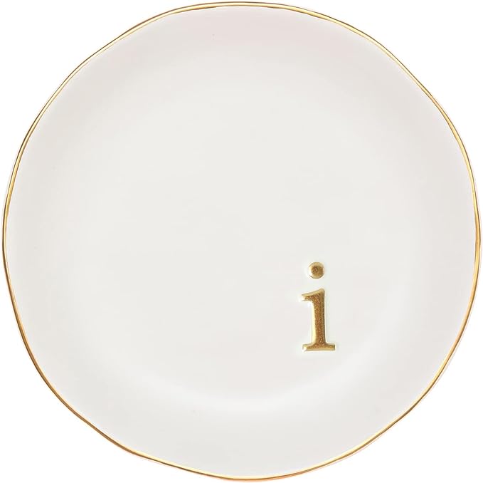 COLLECTIVE HOME Ceramic Jewelry Tray, Trinket Dish, Gifts for Women (I) | Mother's Day, Birthday, Christmas, Engagement Gifts, Vanity, Nightstand Decor, Embossed Gold Monogram Ring Dish with Gift Box