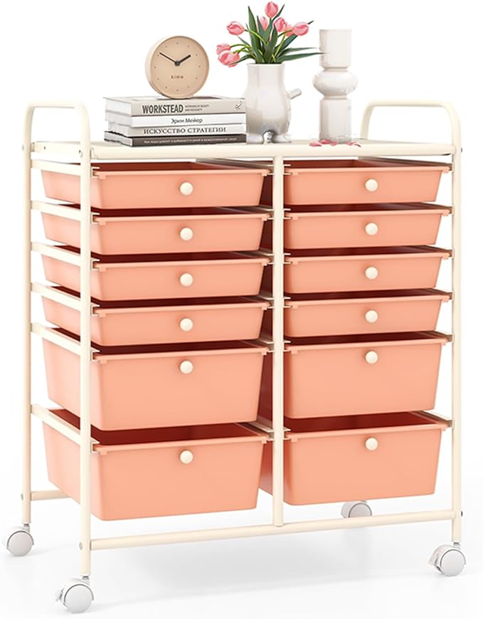 12 Drawer Rolling Storage Cart, Craft Cart Organizer on Wheels w/Metal Frame, Large Capacity & Smooth Drawer, Rolling Cart w/Drawers for Classroom, Office