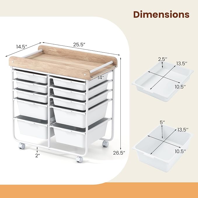 Giantex Rolling Storage Cart with 10 Drawers, Utility Cart w/Wooden Tabletop, Handle, Lockable Wheels, Multipurpose Organizer for Art Craft Scrapbooks Paper, Drawer Carts for Dorm School Office, White