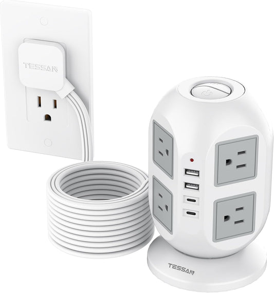 Tower Power Strip, Surge Protector 10 FT Cord, TESSAN Flat Plug Extension Cord with Multiple Outlets, 8 AC Outlets with 4 USB Ports (2 USB C), Charging Station with Surge Protection, for Office Dorm
