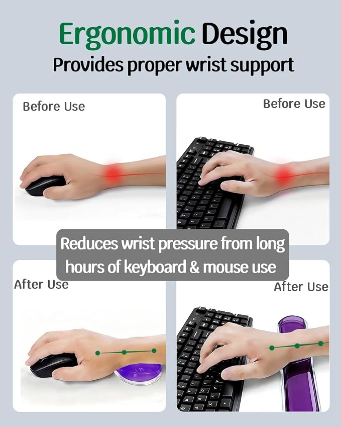 Clear Gel Keyboard Wrist Rest with Mouse Pad Wrist Support, Ergonomic Wrist Rest for Computer Keyboard and Mouse, Non-Slip Cooling Keyboard Pad for Office, Gaming & Laptop (Purple)