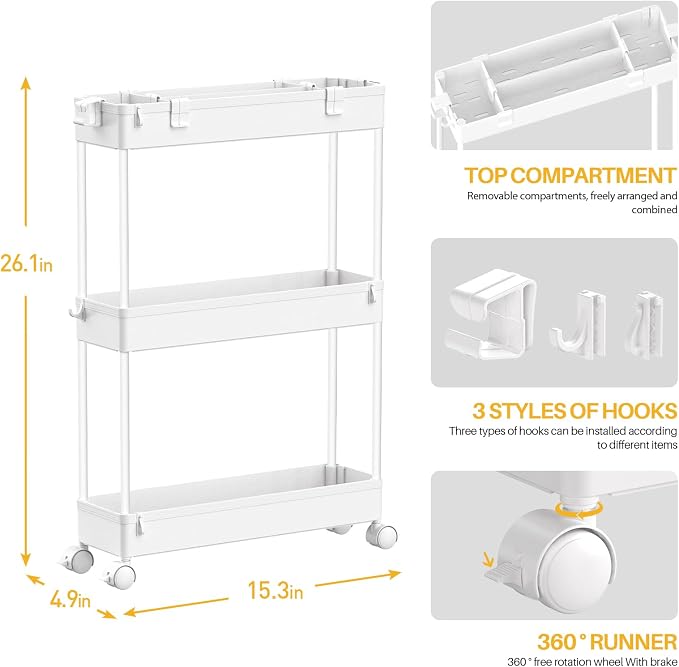 Slim Storage Cart 3 Tier,Bathroom Organizer Rolling Utility, Mobile Shelving Unit Slide Out for Office, Kitchen, Laundry Room & Narrow Places,White