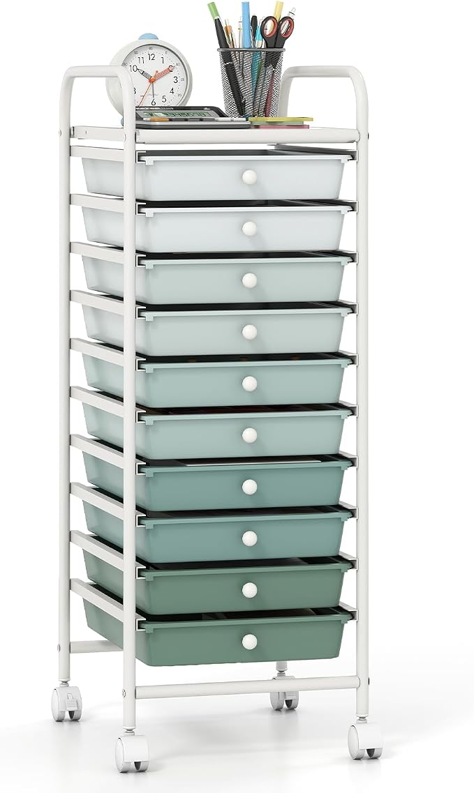 Giantex 10-Drawer Rolling Storage Cart w/Wheels, Handle, Removable Drawers, Mobile Organizer Storage Unit, Trolley Utility Cart for Home Kitchen Living Room Office Play Room, Green Gradient