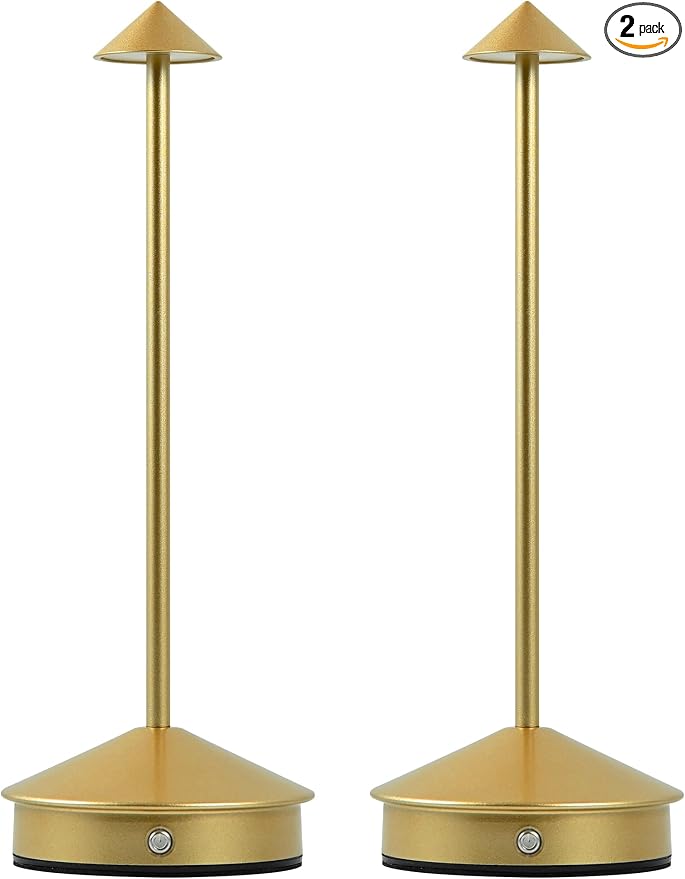 LED Rechargeable Cordless Table Lamps Gold | 2 Pcs Portable Modern USB Battery Operated Lights,Waterproof Touch Dimmable Desk Lamp,for Patio,Restaurant,Bar,Dining Home