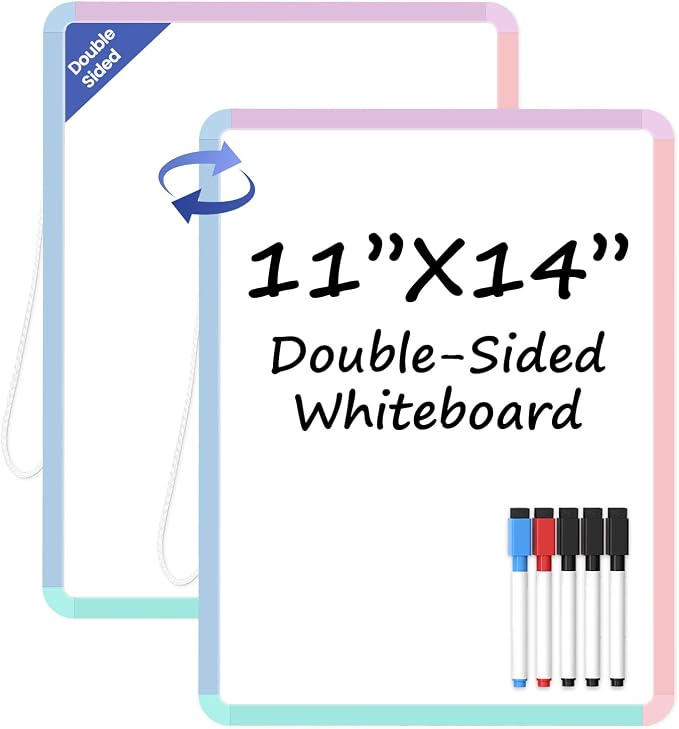 Small Wall White Board, 11" x 14" Mini Double-Sided Magnetic Dry Erase Board with Plastic Frame, Hanging Whiteboard with 5 Markers for Kids Students School Kitchen Home & Office, Colorful