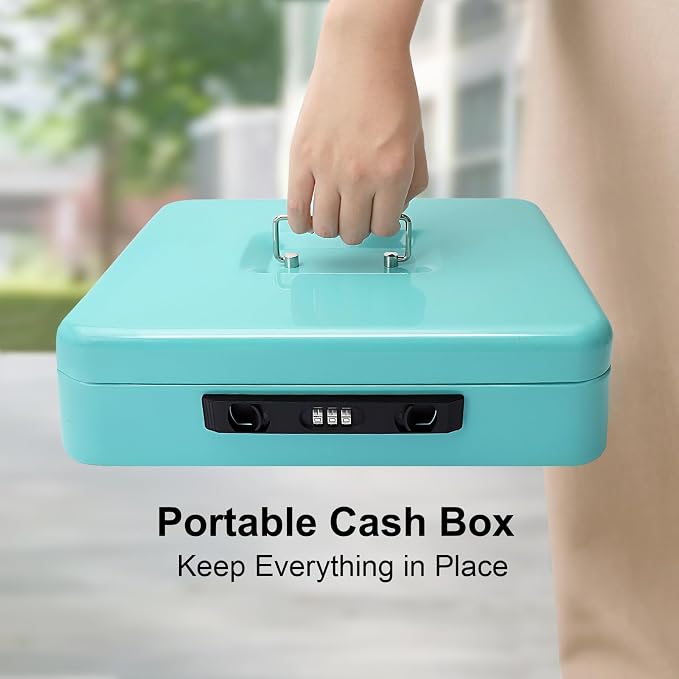 Jssmst Cash Box with Sliding Coin Lid and Snap Latch Combination Lock - Portable Cash Box with Money Tray and Lock, Secure Locking Money Box for Cash Organizer, 11.8L x 9.5W x 3.5H Inches, Light Blue