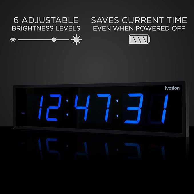 Ivation Huge Oversized 60" Large Digital LED Clock | Big Digital Clock w/Multi-Function Display – Stopwatch, Timer, Alarms, Temp & Date | 6 Brightness Levels, Time Memory & Remote (Blue)