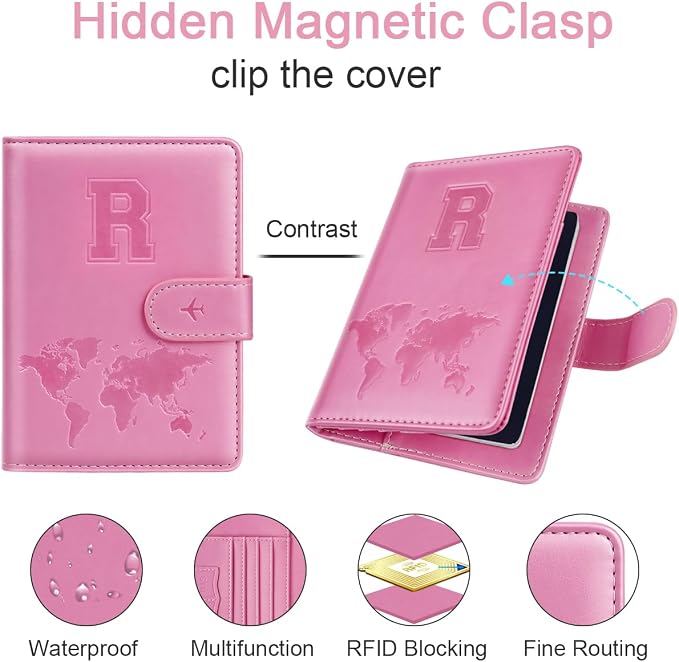 Passport Holder Cover Initial Letter A-Z Travel Wallet Personalized | Travel Essentials, Embossed Design, RFID Blocking, Personalized Gift, Passport Book Holders for Women Girls, Pink-R