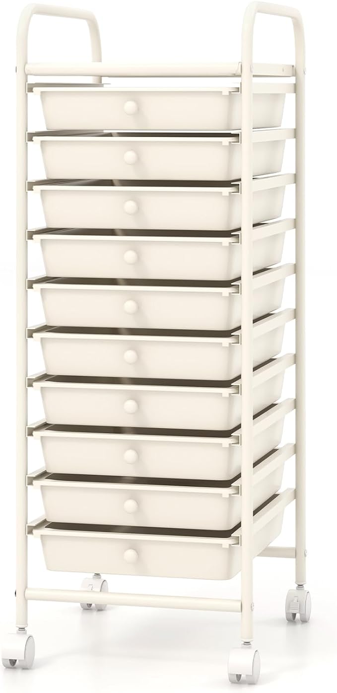 Giantex 10-Drawer Storage Cart w/Universal Wheel, Rolling Cart w/Handle, Home Organizer Storage Unit w/Removable Drawers, Trolley Utility Cart for Kitchen Makeup Living Room Office Play Room, Ivory