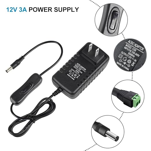 12V Power Supply, 12 Volt 3A 36W DC Power Supply with On Off Switch, Black Switching LED Power Adapter, AC 110V to 12V Transformer Plug for LED Strip Lights with 5.5/2.1 DC Female Connector, 3 Pack